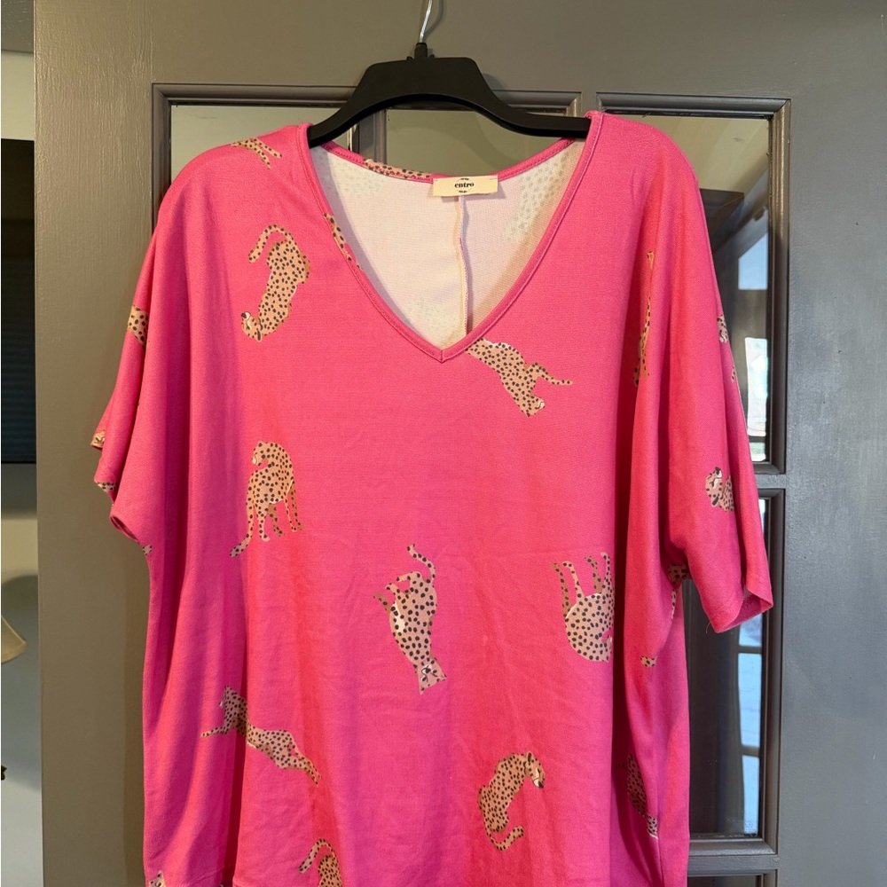 Entro Hot Pink Leopard Print V-Neck Tee
